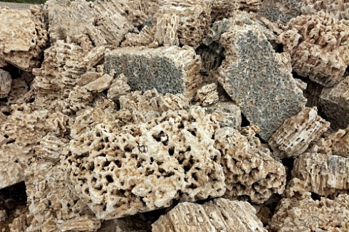 Kamenclub.ru: Крымский природный меотис фр. 100-500 мм.  купить в Самаре меотис бежевый рыжий молочный желтый ракушечник 4 500 руб/т   фото КАМЕНЬ КЛУБ